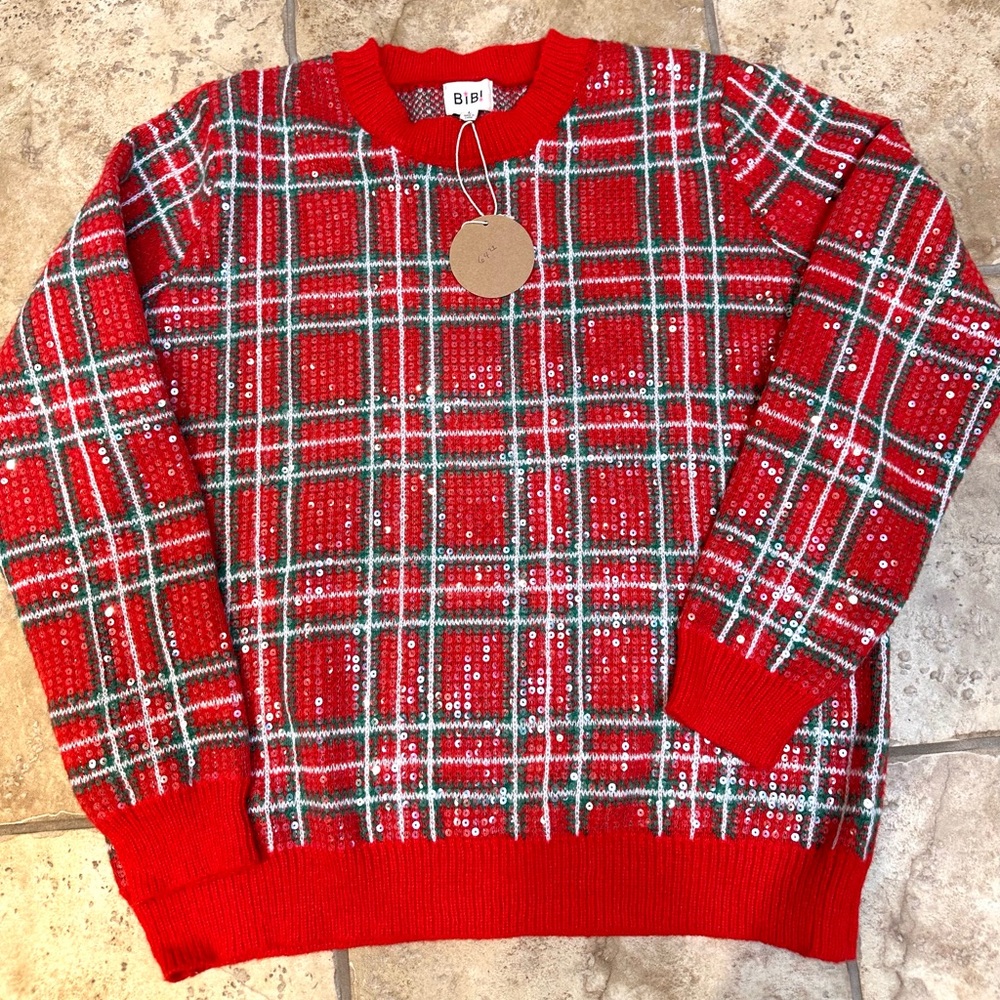 BiBi Red Plaid Sequin Women’s Crewneck Sweater